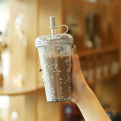 ストロー付きタンブラー 可愛いマグカップ タンブラー おしゃれ ドリンクカップ 蓋付き プラスチック製 キラキラ 星柄 320ml・420ml・520ml 女子向け水筒 耐熱耐冷 二重構造 広口 漏れ防止 子供用 家庭用 女の子 通学用 オフィス用 (42
