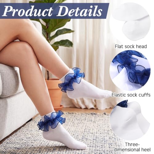 Image of Geyoga 3 Pairs Women Big Ruffle Socks Turn Cuff, Double Lace Ankle Cotton Frilly Socks for Ladies Summer