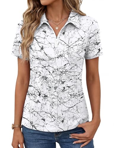 Rapbin Poloshirt Damen T-Shirt Kurzarm Sportshirt Golf Sport Oberteil UPF 50+ Leichtes Atmungsaktiv Fitness Laufshirt Wanderbekleidung mit 1/4 Reißverschluss Weiß Schwarz Blumen M