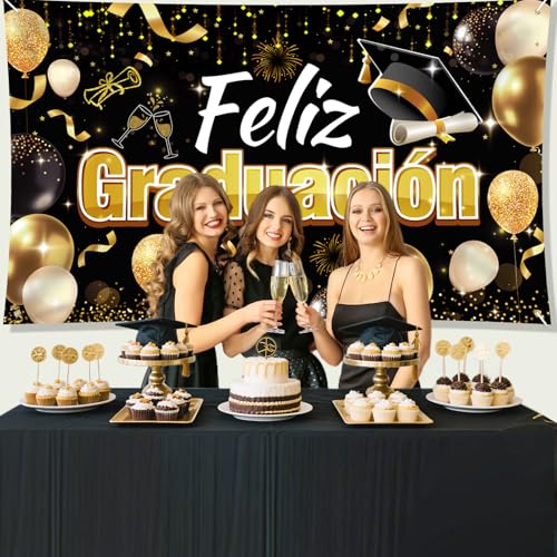 Miniatura 7 de Howaf Pancarta Feliz Graduación, Telón De Fondo Graduacion Póster De Tela Cartel Extra Grande, Fondo De Photocall Para Decoración Graduación 2026, 185 X 110cm, Oro Negro