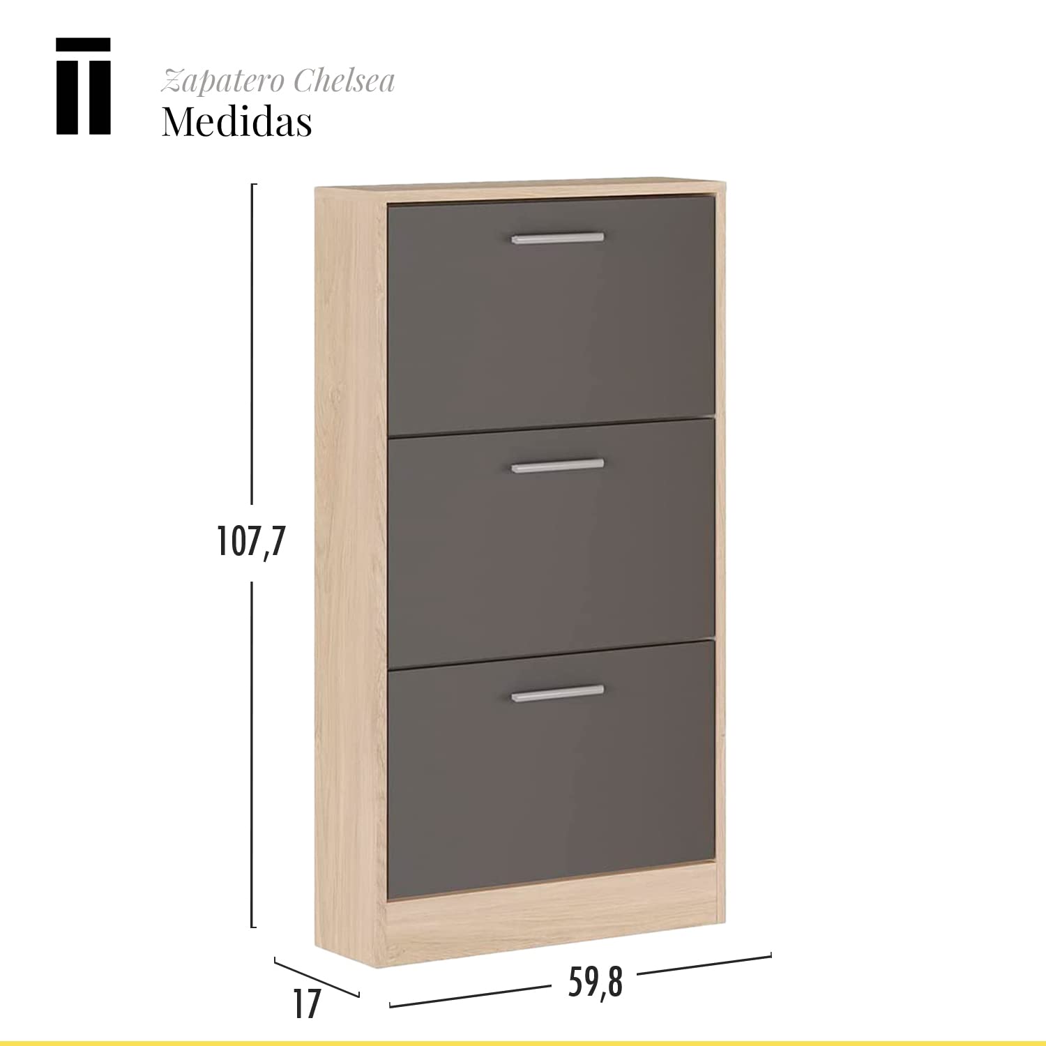 Shiito | Modelo Chelsea - Zapatero | Natural Grafito - 17 x 59.8 x 107.7 cm | Con 3 Estantes | Ideal en la Entrada y Dormitorio