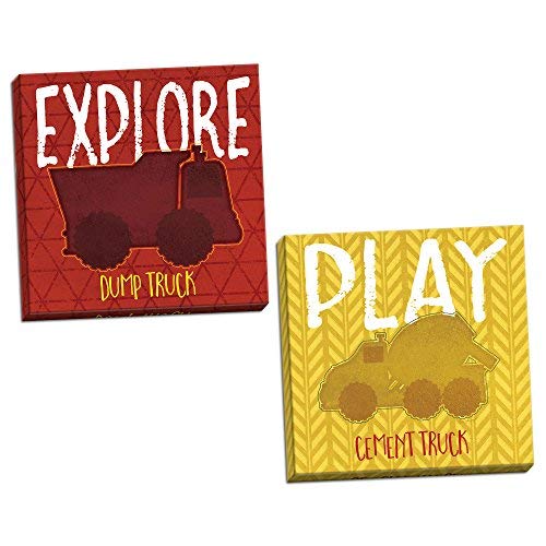 Leoner22art Sagebrush Fine Art Adorable Red and Yellow Chevron Construction Trucks Explore and Play Set, Two 8x10 inches Wood Stretched Canvas