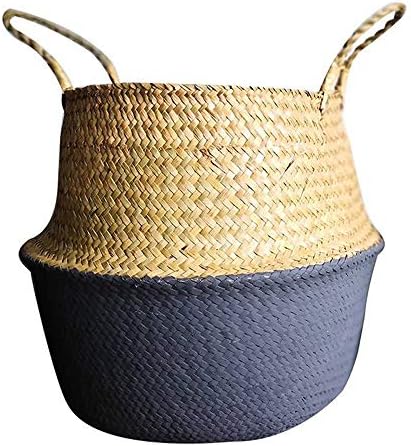 Seagrass Storage Basket, Natural Handmade Woven Seagrass Belly Basket with Handle for Laundry Toys Planter (Extra Large, Gray)