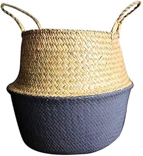 Seagrass Storage Basket, Natural Handmade Woven Seagrass Belly Basket with Handle for Laundry Toys Planter (Extra Large, Gray)