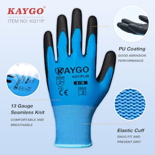 Image of KAYGO Safety Work Gloves for Men Women, PU Coated Palm & Fingers, KG11P | Smooth Grip, Breathable & Lightweight, 13-Gauge Seamless Knit, for Light Warehouse, Manufacturing, Gardening