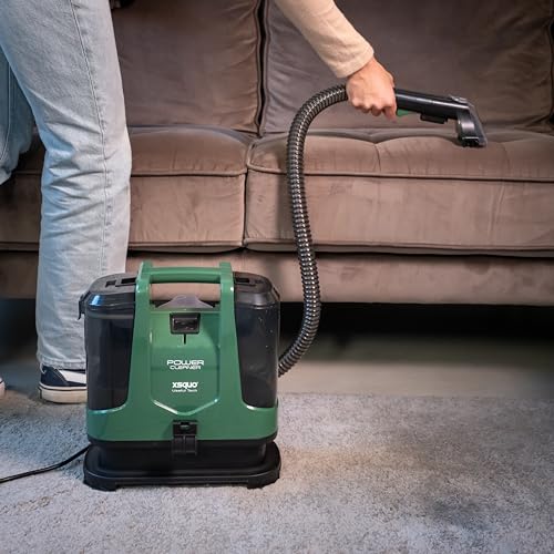 Staubsauger für Polster, Teppiche und Vorhänge. Sprühen, reinigt und saugt in einem Durchgang. 400 W Leistung, 2 Behälter für sauberes und schmutziges Wasser. Aktionsradius 7 m. Schiebegriff.