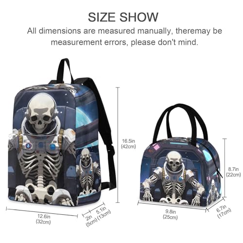 Backpack Lunch Bag Set Skeleton in Spaceship Print, Big Storage Travel Backpacks with Insulated Lunch Box for Office Hiking Picnic2