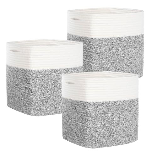 Image of COMFY-HOMI 3PACK Cotton Rope Square Basket with Handles for Shelves|Dog Toy Bin and Storage|Baby Gift|Shoe Organizer|New 11 inch x 11 inch x 11 inch for Living Room