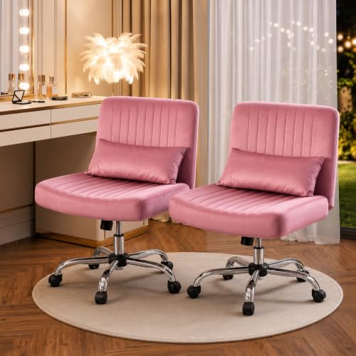 Image of Velvet Criss Cross Desk Chair with Wheels, Luxury Cross Legged Office Office, Swivel Wide Seat Vanity Chair, Armless Adjustable Height Gaming Chair Gift, Dusty (2, Light Rose Pink)