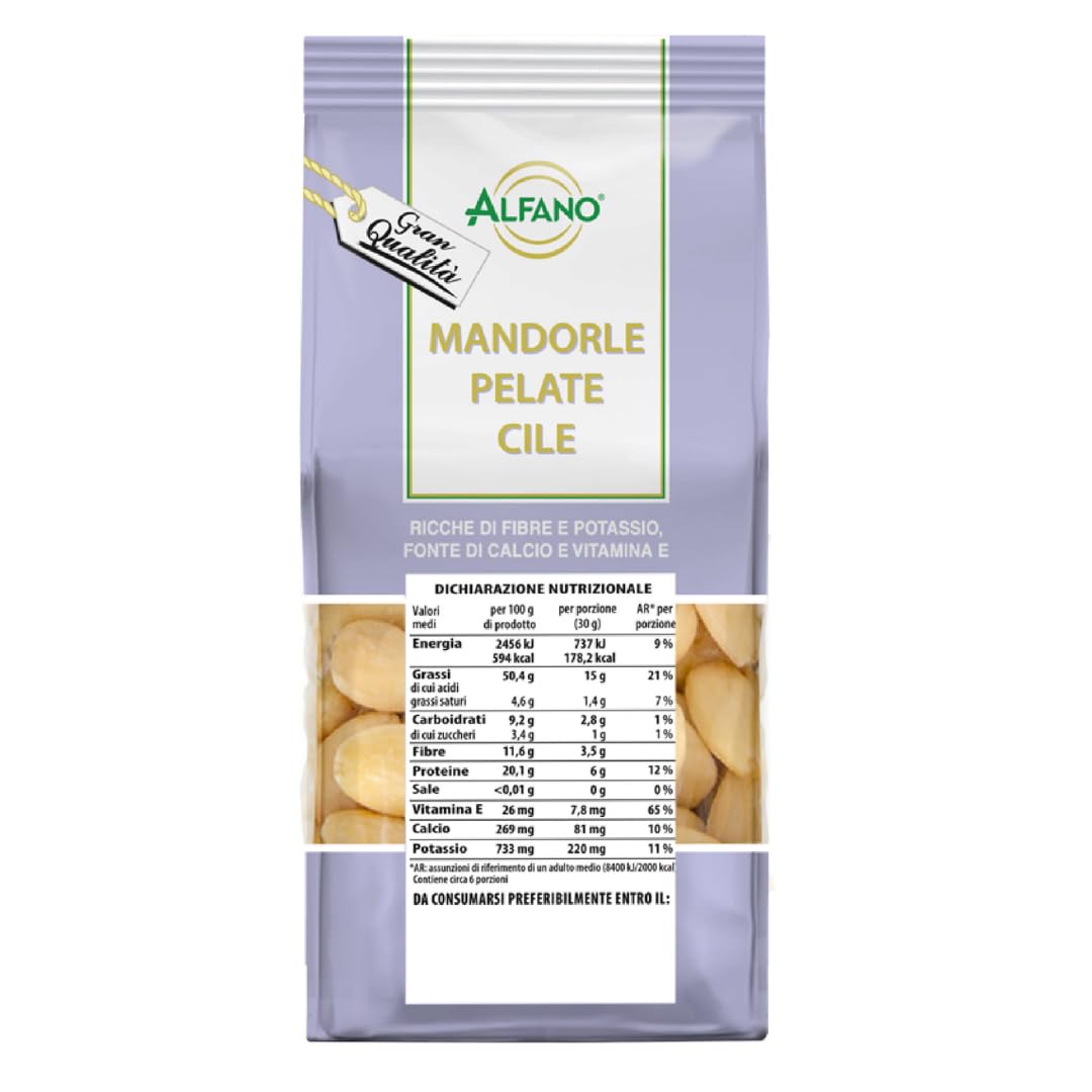Alfano dal 1940 Mandorle Pelate Cile Non Pareil Supreme Extra 200g Frutta Secca Ricca di Fibre e Potassio, Fonte di Calcio e Vitamina E Sane e Genuine (20 Pezzi)