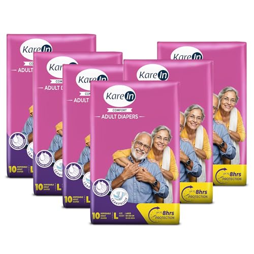 Image of KareIn Comfort Adult Diapers, Large, Waist Size 101-139 Cm (40 inch-55 inch), Tape Style, Unisex, High Absorbency, Leak Proof, Wetness Indicator, Pack of 6, 60 Count
