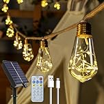 Ollny Solar Lights Outdoor Garden 10m Hemp Rope Festoon Light with Remote, USB Fairy String with 24 S17 Shatterproof Bulbs 240 LEDs 8 Modes, Waterproof Lighting for Outside Gazebo Patio Party Decor
