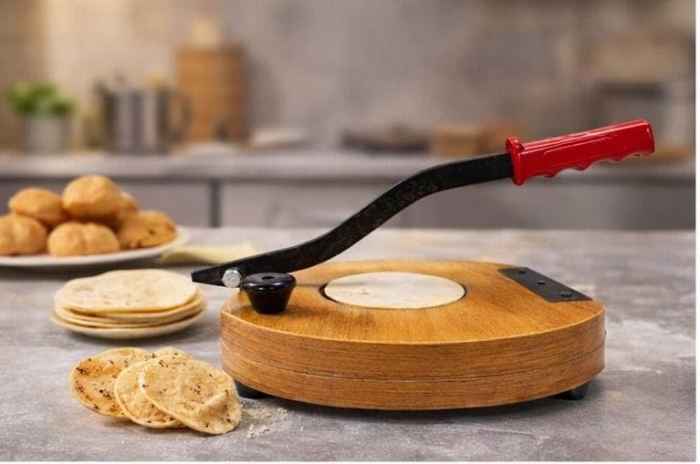 Wooden Manual Heavy Round Wooden Board Papad-Puri-khakhra Press Maker Plywood Machine with Iron Handle Roti Maker Press Machine with Handle for Kitchen Home