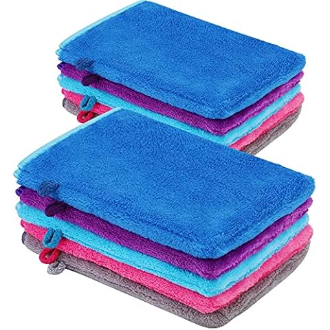 PHOGARY 10 Pack Microfiber Body Wash Mitts, Flannel Soft Face Mitten, Bath Spa Cloth, Reusable Makeup Remover Mitt Gloves, European Style Wash Cloth,6×8inch, 5 colors Cover