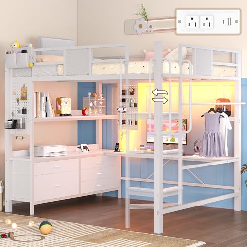 Image of Dnxao Full Size Loft Bed with Desk and 5 Storage Drawers, Heavy Duty Metal Loft Bed with Charging Station, LED Lights & Pegboard, Space-Saving Workstation for Teens & Adults, White