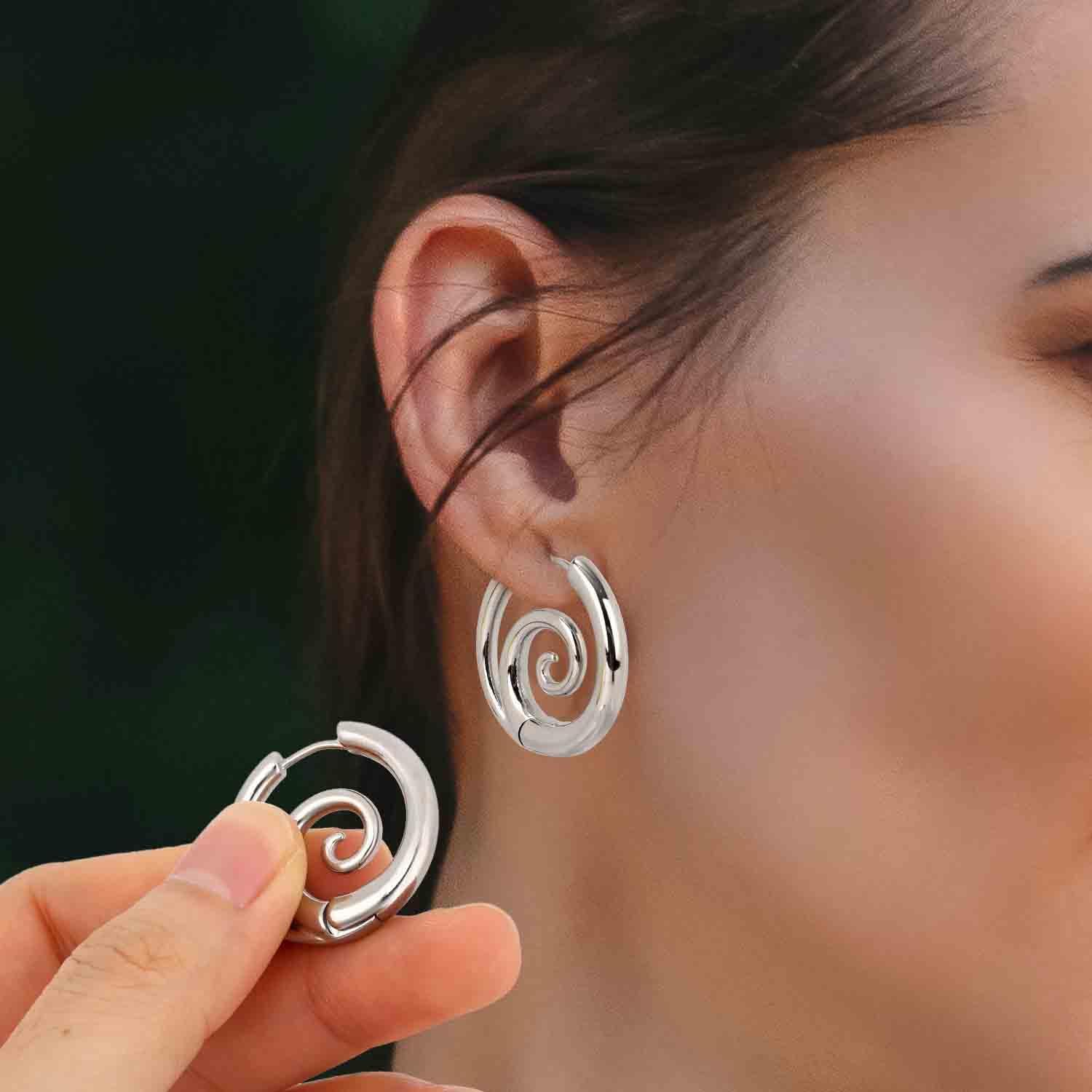 2pcs Sea Wave Spiral Earrings for Women, Stainless Steel Thick Round Swirl Earrings Personality Spiral Hoop Jewelry for Women Accessories - Image 6