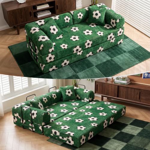KSTNLUXQ 79" World Cup Soccer Sofa Bed, Green Soccer Ball Corduroy Convertible Couch, Foldable Sleeper Futon Floor Sofa for Game Day Watch Parties, Removable Machine-Washable Cover, 2 Pillows