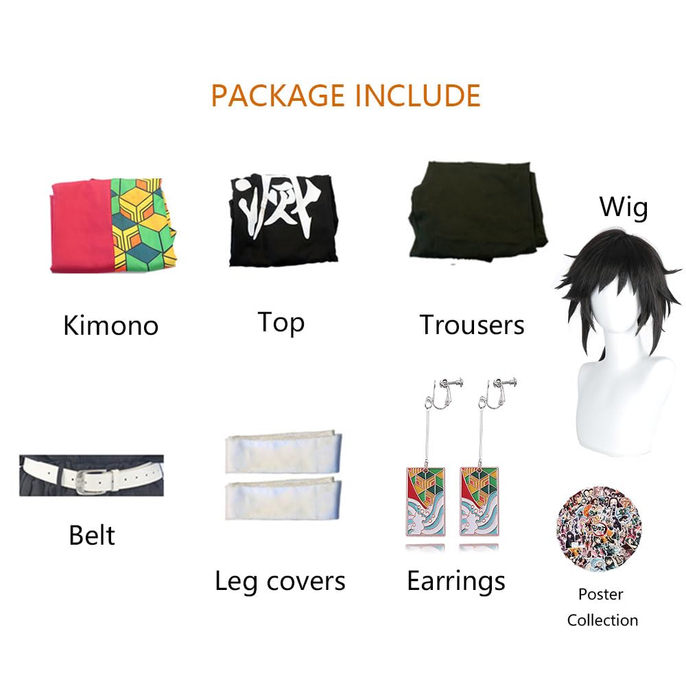 Anime Demon Kimetsu Tomioka Giyuu Disfraces de Cosplay Peluca de tensión Completa de Mitsuri para Accesorios de Kimono de Halloween Uniforme de Traje para niños, XXL