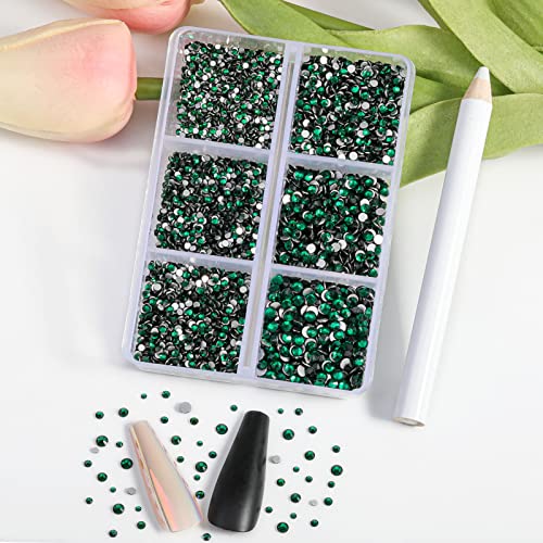 Image of Beadsland 7200pcs Flatback Rhinestones,Green Rhinestone Nail Gems Round Crystal Rhinestones for Crafts,Mixed 6 Sizes with Wax Pencil Kit, SS3-SS10,Emerald | Glass Nail Gems, Round Crystal, With Wax Pencil Kit, SS3-SS10,Dark Green