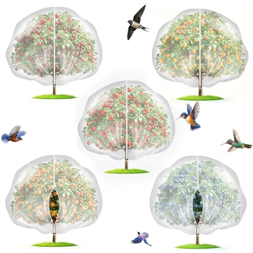 5-Pack 10 * 10FT Fruit Netting Bags for Fruit Trees Bird Netting Safeguard Apple Trees and Blueberry Bushes from Birds Pest and Deer Cicadas Netting Cover with Zipper and Drawstring