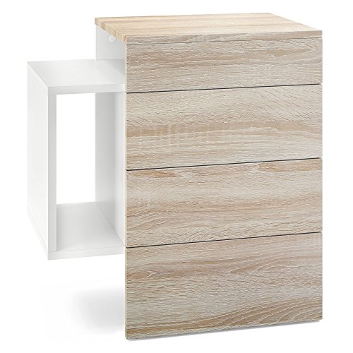 Nachttisch Nachtkonsole Queens, Korpus in Weiß matt/Front und Oberboden in Eiche sägerau