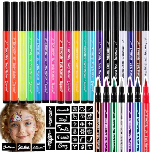 Body Marker Temporary Tattoo Markers depvision 26 Colors Body Markers, 138 pcs Large Tattoo Stencils for Kids and Adults,Glitter & Matte & Neon Glow, Skin-Safe Cosmetic Quality Long-Lasting