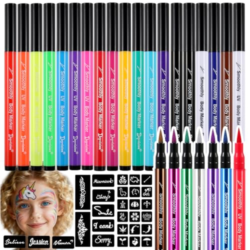 26 Pack Face Painting Markers Water Resistant & Smudge-proof Face Paint Pens with 138 Stencils 6 Glitter 12 Matte 8 Neon Glow pens- Professional Skin-Safe Makeup for Halloween Kids Adults