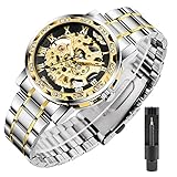 Tiong BOSNI Watches, Men's Watches Mechanical Hand-Winding Skeleton Classic Business Fashion Stainless Steel Steampunk Dress Watch, S1089-Gold Black