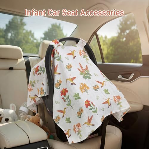 Image of Metplus Car Seat Cover Baby, 100% Muslin Cotton Infant Carseat Covers for Boys and Girls, Lightweight Breathable Canopy, Summer Stroller Sun Shade, Newborn Travel Essentials(Hummingbird)