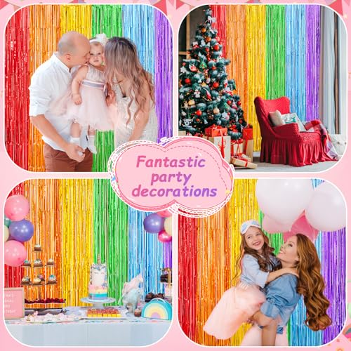 Image of Rainbow Metallic Tinsel Foil Fringe Curtains Backdrop 2Pack 3.3x8.3Ft Party Streamers for Birthday Party Decorations Halloween Christmas Decors Foil Curtain Backdrop for Bachelorette Bridal Party