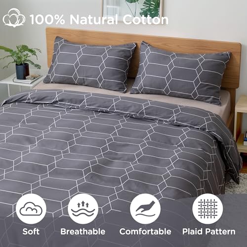 Image of TOCOMOA Plaid Duvet Cover Set 100% Natural Cotton Soft Comfy Breathable 3 Piece Grey and White Pattern Printed Comforter Cover Bedding Set (Queen 90 inchx90 inch, Comforter Not Included)