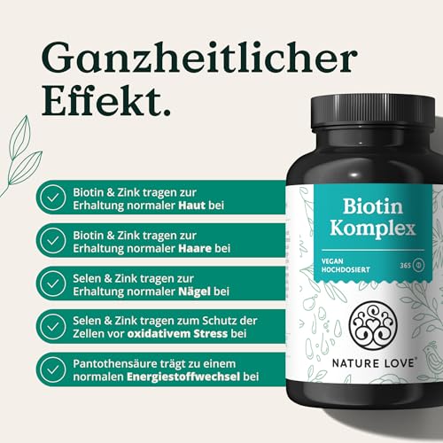 Nature Love Biotin Komplex - mit Zink, Selen, Silizium & Vitamin B5 - hochdosiert mit 10.000µg Biotin - 365 Tabletten für Haare, Haut und Nägel - Haar Vitamine im Jahresvorrat - vegan & laborgeprüft