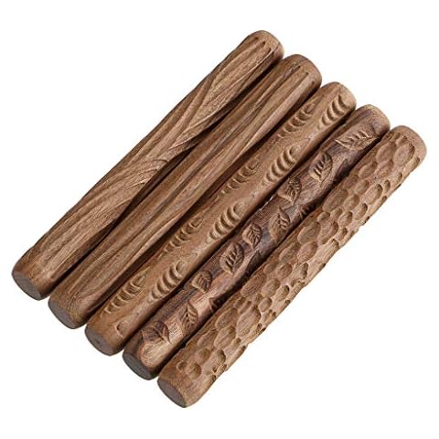 OwnMy Set of 5 Clay Modeling Pattern Rollers Kit, Fish Leaves Cobblestone Ripple Wood Grain Pattern 4.7 in Clay Rolling Pin Textured Hand Roller Wooden Handle Pottery Tools Set Cover