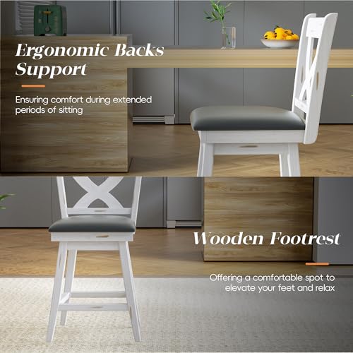 Image of Swivel Barstools Set of 6, 24 Inch Counter Height Kitchen Island Chairs with Back, Upholstered Seat Bar Stool with Solid Wood Legs & Footrest, Counter Stools for Pub, Bar, Restaurant (Antique White)