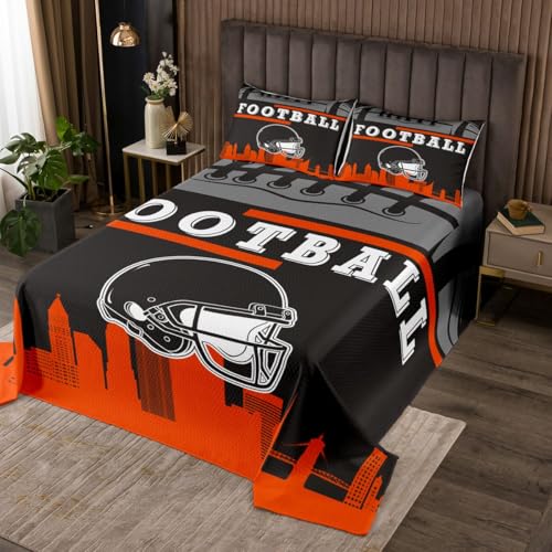 Erosebridal Queen Size Bedspread for Boys American Football Quilt Set, Football Game Sports Theme Bed Set Red Orange Black Coverlet Set for Rugby Player Bedding(Cincinnati