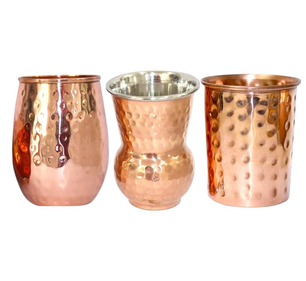 Pichet à eau en cuivre pur martelé avec 3 verres artisanaux BRACOP