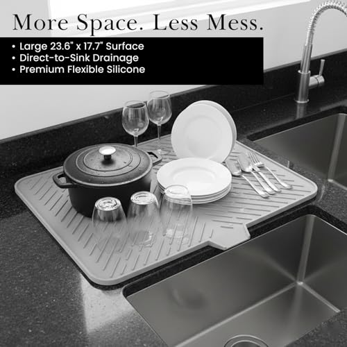 Image of Silicone Dish Drying Mat for Kitchen Counter, Extra Large 23 x 17 Inches, Premium Thick Drying Mat with Drain Lip, Fast Drying, Heat Resistant Non Slip Mat
