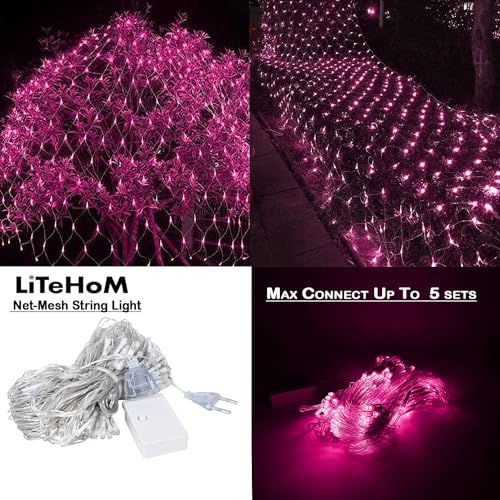 Image of Led Net Mesh String Lights - Diwali Lights, Led Lights for Home Decoration 9.8Ft X 6.6Ft 160 LEDs Staedy Modes (3x2-Net-Pink)