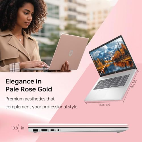 Image of HP 17.3 inch Touchscreen Laptop, Intel Core i7-1355U, Pale Rose Gold, 16GB RAM, 1TB SSD, Webcam, HDMI, Backlit Keyboard, Fingerprint Reader, Wi-Fi 6, Windows 11 Pro