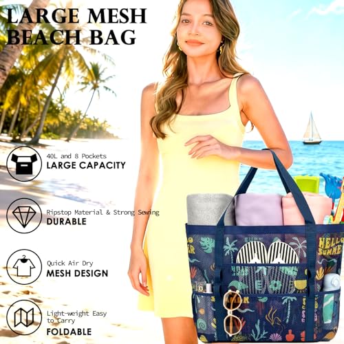 Image of Fammart Mesh Beach Bag for Women, Large Beach Toy Pool Bag with Zipper Pocket, SandProof Cruise Essentials 2026 Family Travel