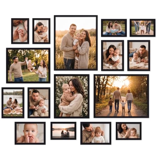 Giftgarden 16 Pack Black Picture Frames for Multi Sizes Photos, Assorted Set Including Two 11x14, Two 8x10, Six 5x7, Six 4x6, Gallery Collage Frame for Wall or Tabletop Display