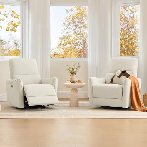 Image of CHITA Power Swivel Glider Recliner Chair, Nursery Glider, Fabric in Linen | FSC Certified Upholstery Rocking Chair, Power Lumbar Support, Reclining Chair for Living Room & Nursery