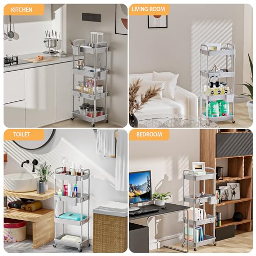 Image of 4 Tier Rolling Utility Cart with Handle,REBECAT Utility Cart Made of Multifunctional Storage Organizer Tool for Kitchen,Bathroom,Living Room,Office(Gray)