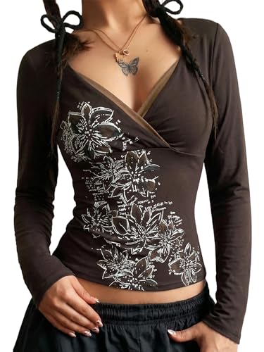 Image of EMMIOL Y2K Fairy Grunge Short Sleeve Shirts for Women Vintage Floral Graphic V Neck Cute Going Out Tops Emo Summer Tee