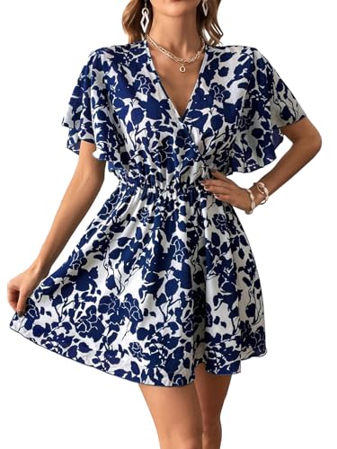 Floerns Women's Allover Floral Print Flounce Short Sleeve V Neck A Line Short Dress