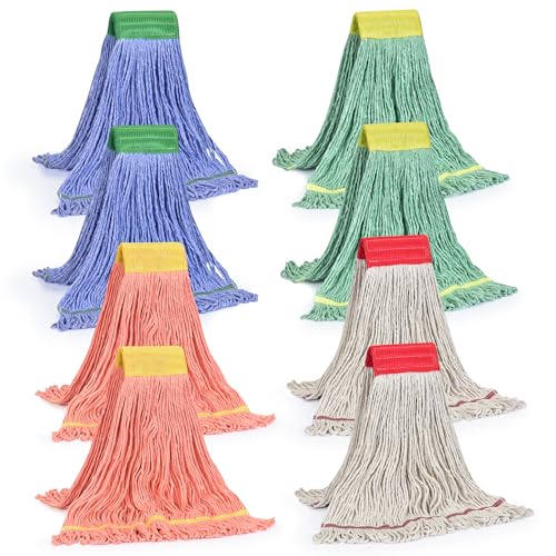 Image of Matthew Cleaning Heavy Duty Mop Head Replacement, 5 Inch Wide Headband, Color Coded Looped End Cotton String Wet Mops for Floor Cleaning, Medium Size 18 oz, 8 Pack