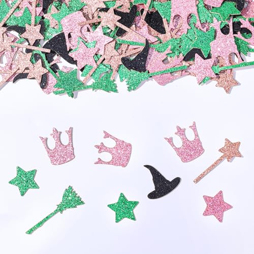Image of 200 Pcs Pink and Green Glitter Confetti, Wicked Witch Themed Table Scatter, Magic Broom Wand Hat Crown Star Shapes for Princess Girls Birthday Baby Shower Party Supplies