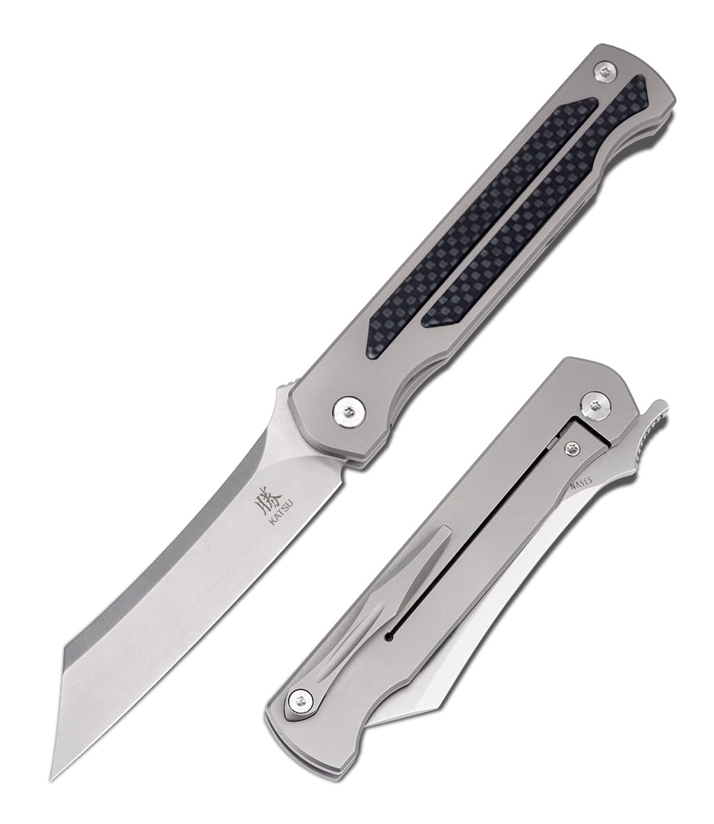 KATSU S35VN Steel Blade Folding Knife,Titanium Pocket Knife for Men Carbon Fiber Handle,Frame Lock Japanese Style Front Flipper EDC Knife with Clip Stonewash Leather Sheath