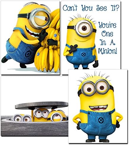 Minion Movie Photos/Prints - 4 Piece Set of Cute Minion Decor - Decorations for Bedroom, Kids Room, Boys/Girls Room, Playroom, Nursery - for Despicable Me Fans