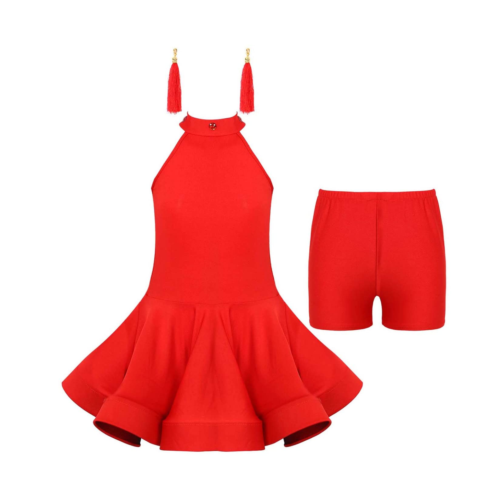 Mufeng Abito da Ballo Latino Americano Bambina Vestito Danza Classica Ballerina con Pantalocini e Orecchini con Nappe Vestito da Jazz Samba Rumba Salsa Tango